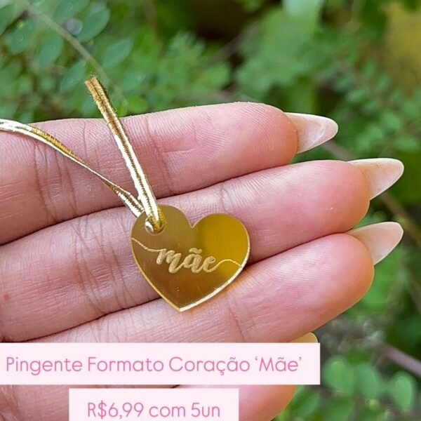 Pingente Acrílico – Coração ‘Mãe’ Dourado (5un)